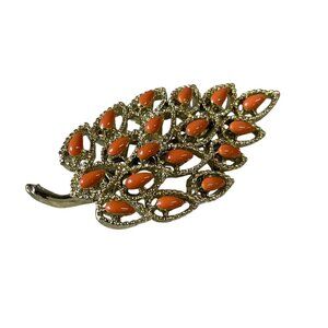 Vintage Gold-Tone Brooch‎ With Orange Beaded Leaf Design